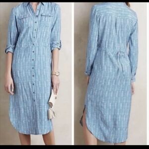 ANTHROPOLOGIE MAEVE Jemima Midi Shirt Dress Tie Waist Blue White Size 10 GUC